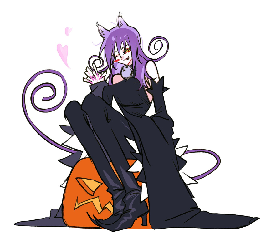 1girl, animal_ears, blair_(soul_eater), boots, brooch, cat_ears, cat_girl, cat_tail, dress, highres, jewelry, looking_at_viewer, medium_hair, pumpkin, purple_dress, purple_hair, se_4242564, solo, soul_eater, tail, thigh-highs, thigh_boots, tight_clothes, tight_dress, witch, yellow_eyes, zettai_ryouiki