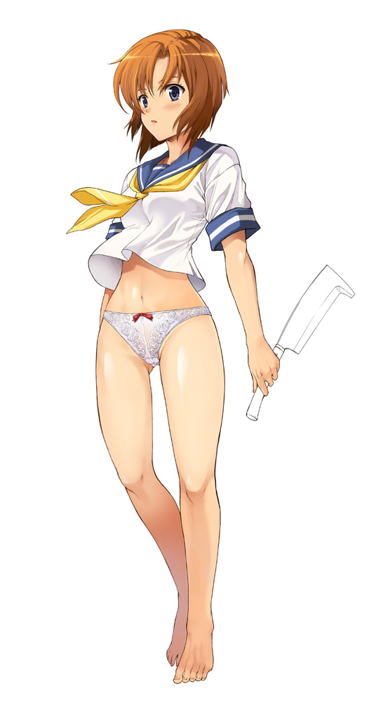 barefoot, billhook, blue_eyes, blush, bow_panties, brown_hair, cleaver, feet