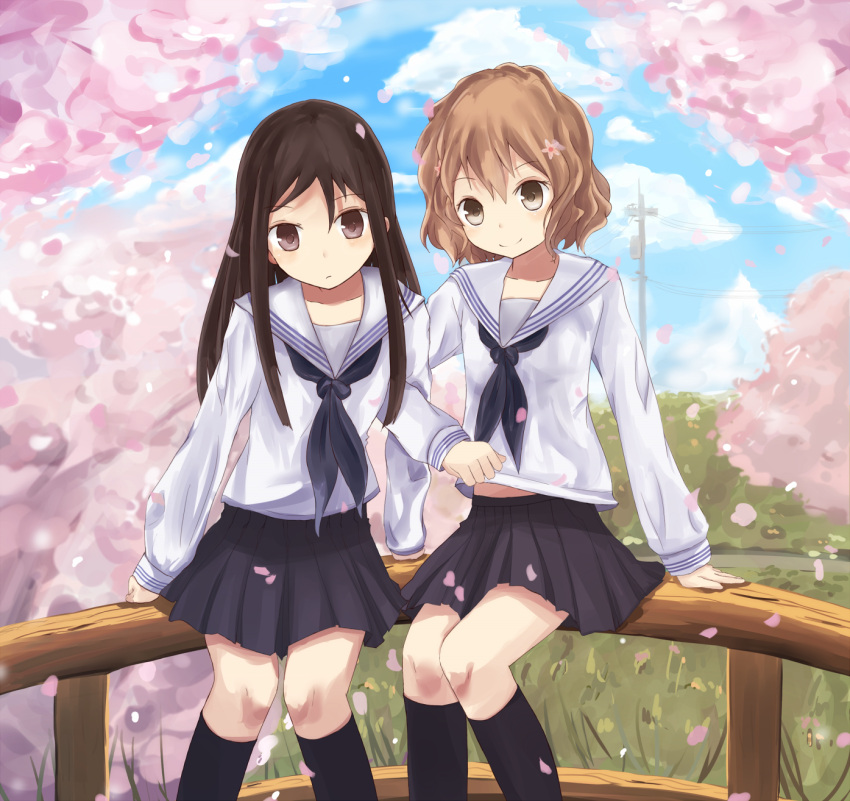 arms_interlocked, bad_id, black_hair, blonde_hair, blush, brown_eyes, brown_hair, coop_(coupon123)