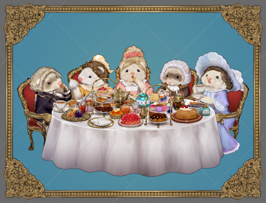 2boys, 3girls, blonde_hair, blue_background, border, brown_hair, cake, chair