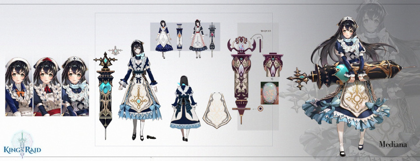 apron, back_ribbon, black_dress, black_hair, black_shoes, blue_dress, blue_gemstone, blue_ribbon