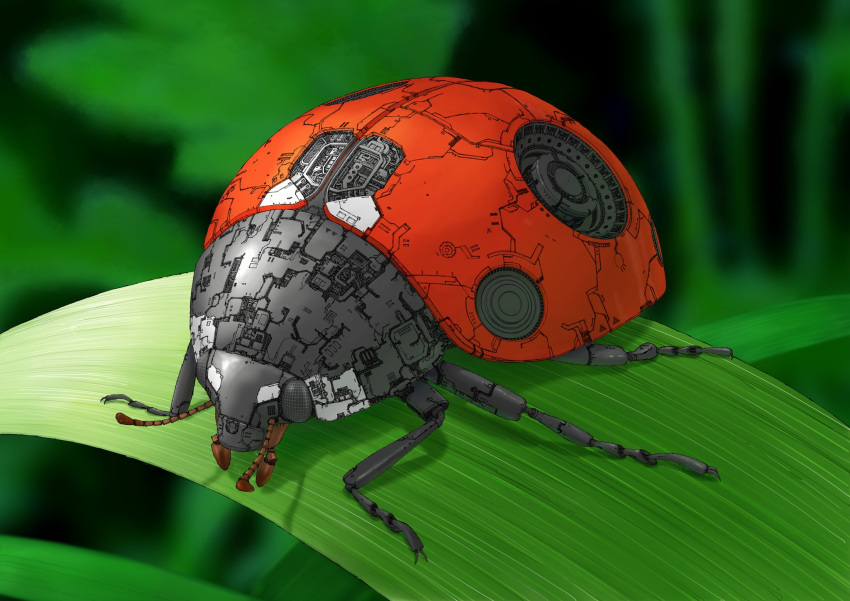 antennae, blurry, blurry_background, bug, close-up, commentary, highres, kamikairo, ladybug, leaf, mandibles, no_humans, non-humanoid_robot, original, plant, robot, robot_animal, science_fiction, speaker