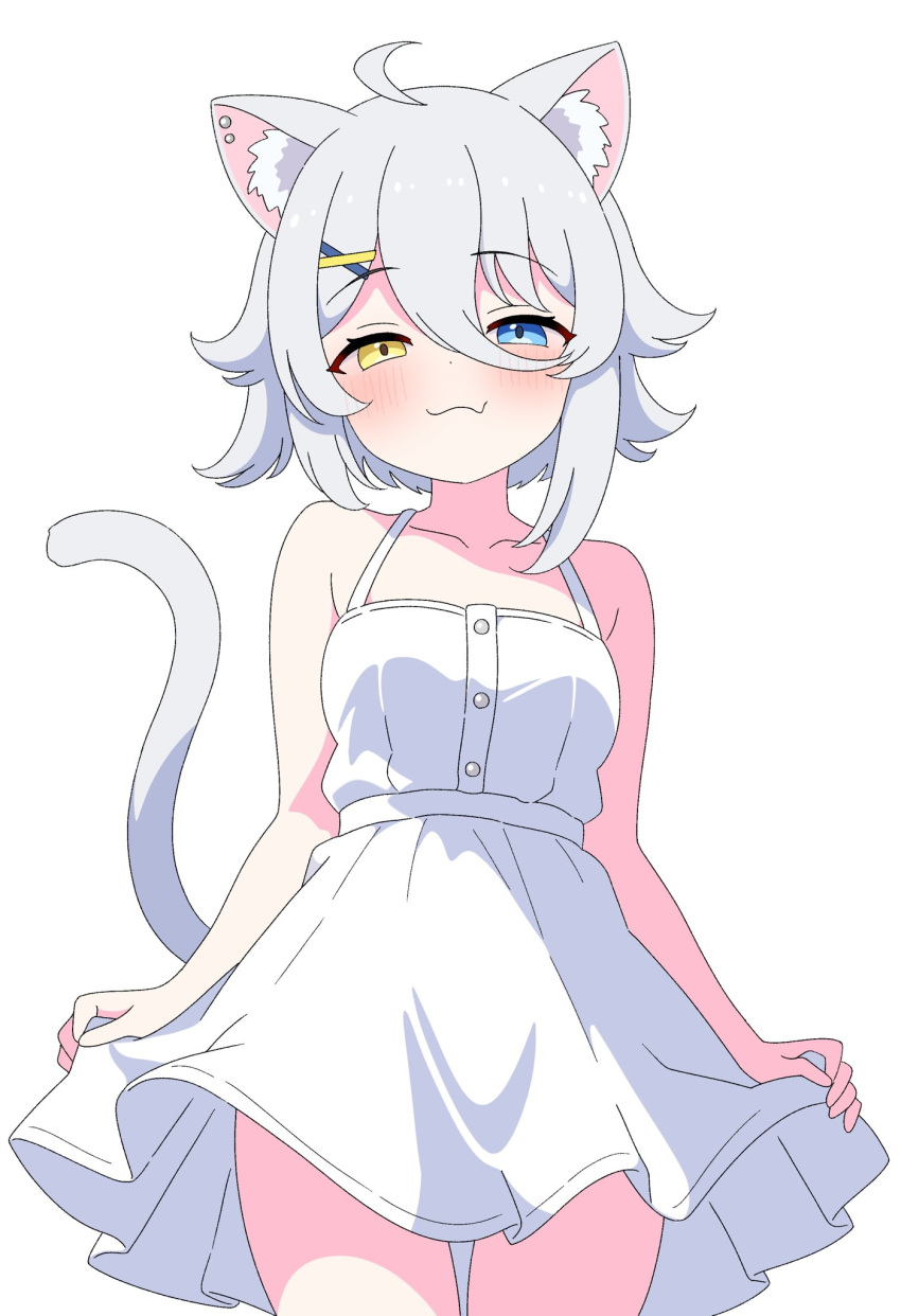 1girl, animal_ear_fluff, animal_ear_piercing, animal_ears, bare_shoulders, blue_eyes, breasts, cat_ears