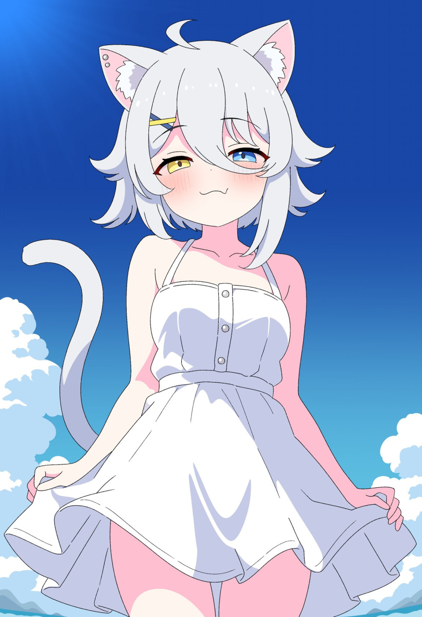 1girl, animal_ear_fluff, animal_ear_piercing, animal_ears, bare_shoulders, blue_eyes, blue_sky, breasts