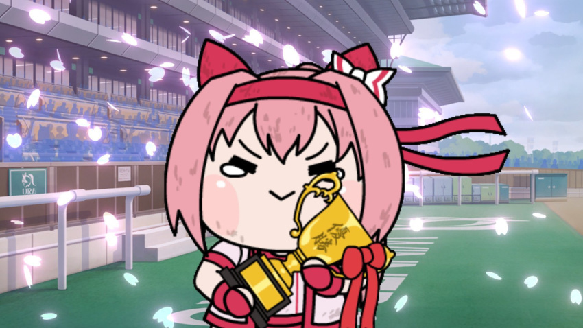 1girl, animal_ears, arima_kinen, blush, bow, closed_eyes, closed_mouth, crowd