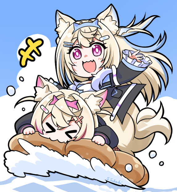 >_<, +++, 2girls, :3, animal_ear_fluff, animal_ears, arm_up, bandaid