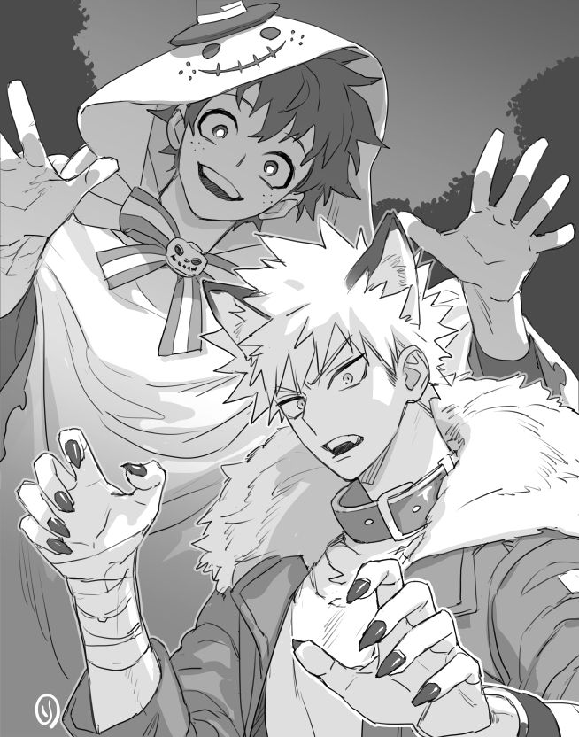 11mtri, 2boys, animal_ears, arms_up, bakugou_katsuki, bandaged_wrist, bandages, belt_collar