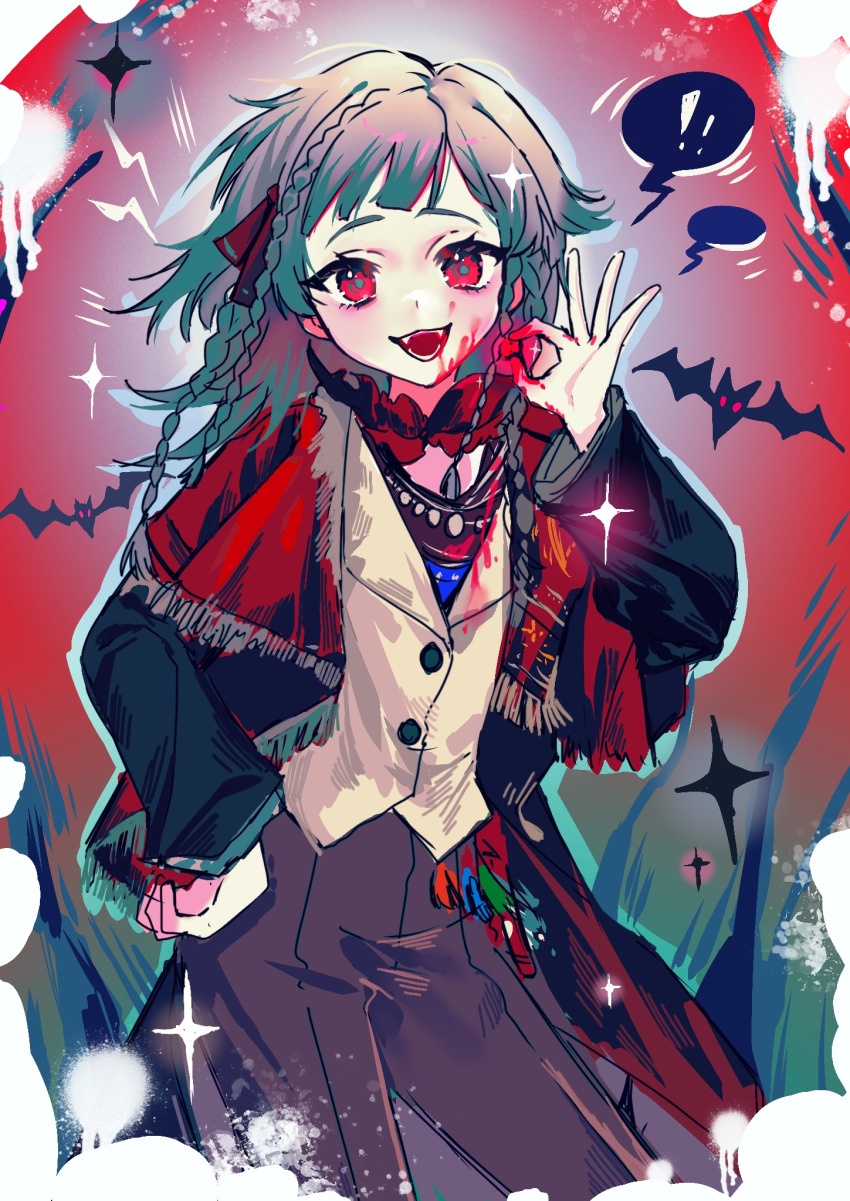 !, !!, 1girl, :d, ambiguous_red_liquid, baizangze, bat_(animal), black_coat