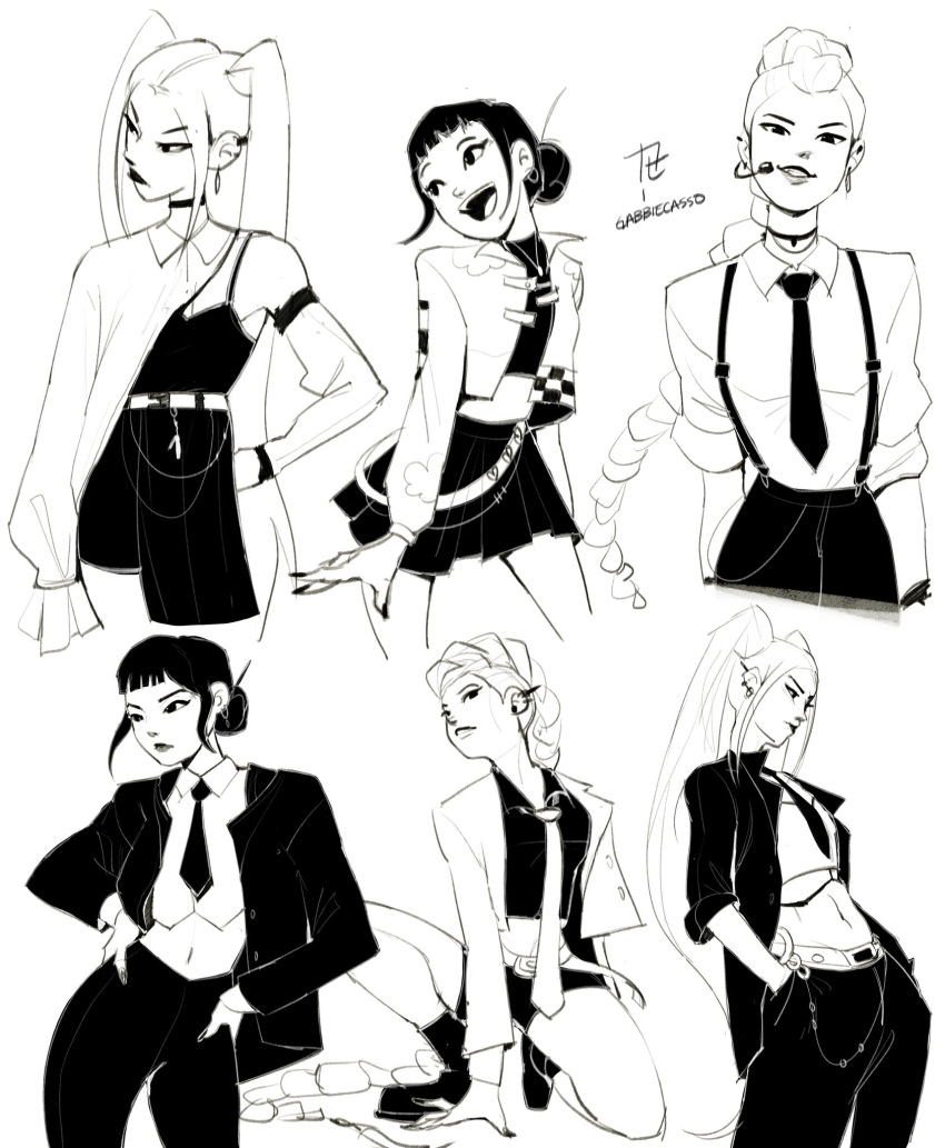 3girls, artist_name, braid, braided_ponytail, choker, commentary, crop_top, earrings, english_commentary, gabbiepicasso, hand_on_own_hip, hands_in_pockets, headset, highres, jewelry, kpop_demon_hunters, mira_(kpop_demon_hunters), multiple_girls, multiple_views, rumi_(kpop_demon_hunters), short_bangs, sidelocks, smile, smirk, suit, suspenders, twintails, zoey_(kpop_demon_hunters)