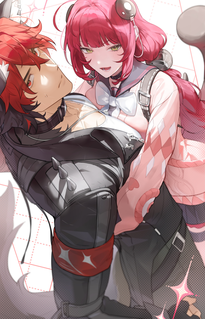 1boy, 1girl, absurdres, animal_ears, animal_on_back, bab_du_666, backpack, bag, blush, cardigan, cargo_pants, chest_bow, dog_boy, dog_ears, green_eyes, hair_ornament, hearing_aid, highres, hug, kamanosuke_(zenless_zone_zero), komano_manato, multiple_scars, muscular, muscular_male, pants, pink_cardigan, raccoon, red_bandage, red_eyes, red_hair, ribbon, scar, scar_across_eye, scar_on_chest, scar_on_face, sparkle, sphere_hair_ornament, spiked_jacket, sweat, tail, tanuki, twintails, ukinami_yuzuha, white_background, white_ribbon, zenless_zone_zero