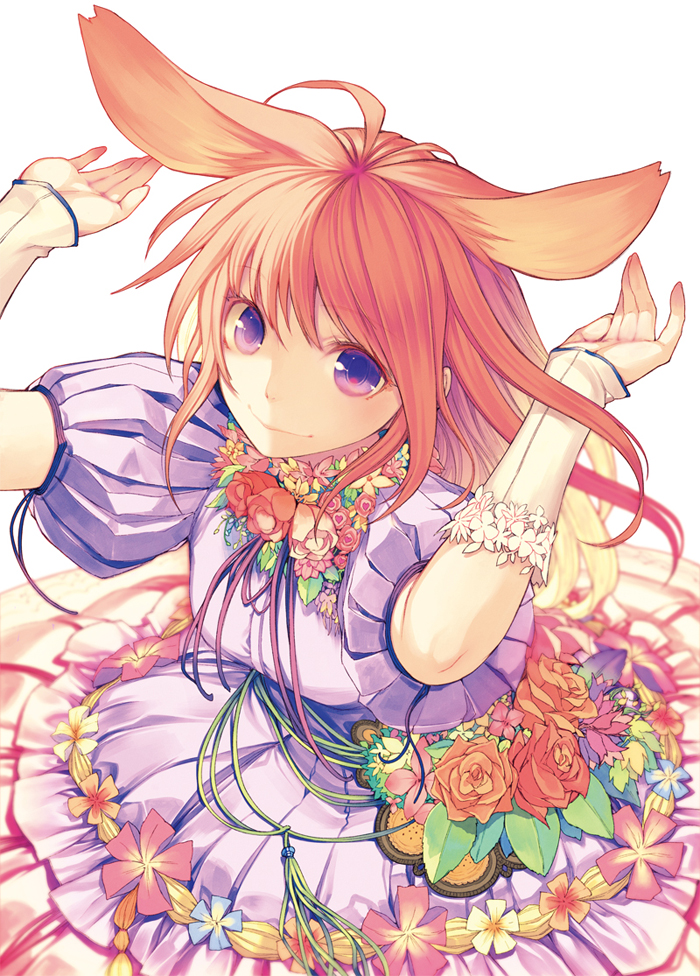 arms_up, dress, flower, from_above, hands, kimura_daisuke, long_hair, love_&amp;_smile, orange_hair, original, purple_eyes, red_rose, rose, skirt, smile, solo, violet_eyes