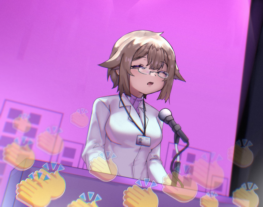 1girl, absurdres, alternate_costume, bespectacled, clapping_hands_emoji, closed_eyes, coat, emoji