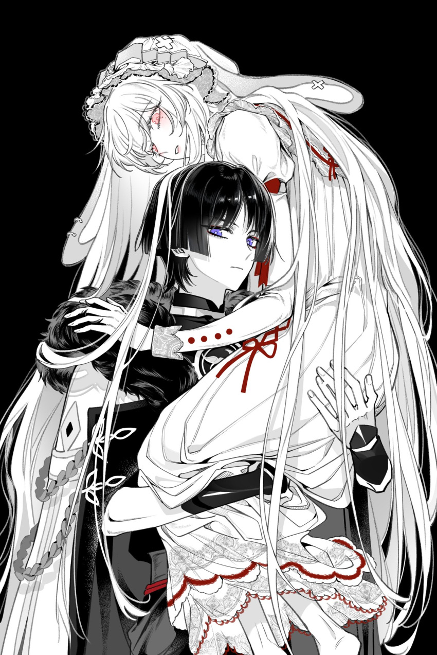1boy, 1girl, achilles_tendon, aiguillette, animal_ears, armor, artist_request, black_background, blunt_ends, blush, bodysuit, bow, bright_pupils, carrying, carrying_person, closed_mouth, coat, commission, commissioner_insert, couple, dress, earrings, eyelashes, eyeliner, eyeshadow, fatui_coat, fingernails, frilled_bow, frills, fur_collar, genshin_impact, greyscale, hair_bow, hand_on_another's_shoulder, hayami_momo_(hayamimomo), headdress, hetero, highres, japanese_armor, jewelry, kote, kurokote, lapels, long_hair, long_sleeves, looking_at_another, looking_at_viewer, looking_down, makeup, mandarin_collar, monochrome, neck_ring, oc_x_canon, open_clothes, open_coat, open_hand, original, parted_lips, pink_eyes, pink_lips, puffy_sleeves, rabbit_ears, rabbit_girl, red_eyeliner, red_eyeshadow, sash, scaramouche_(genshin_impact), second-party_source, sleeve_cuffs, spot_color, very_long_hair, violet_eyes, white_pupils, wispy_bangs