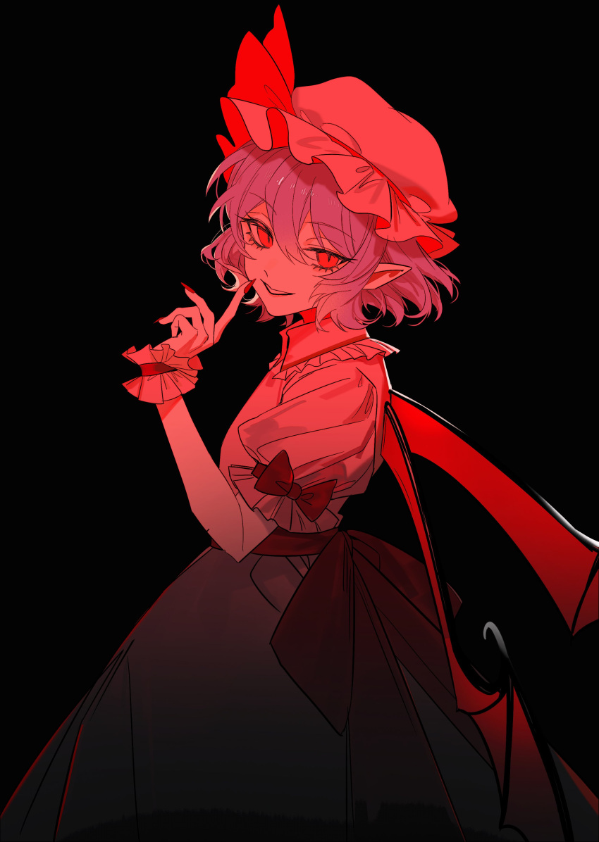 1girl, absurdres, bat_wings, black_background, doku_kobuko, dress, from_side, hair_between_eyes