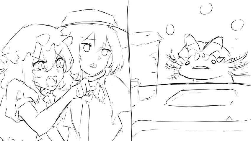 3girls, absurdres, angry, animalization, bubble, collar, dress, fedora, hair_ribbon, hat, hat_ribbon, highres, maribel_hearn, measuring_cup, meme, mob_cap, multiple_girls, necktie, open_mouth, parody, person_and_animalization, pointing, pointing_at_another, puffy_short_sleeves, puffy_sleeves, ribbon, sad, short_hair, short_sleeves, simple_background, sitting, t-hou, table, tears, touhou, tray, usami_renko, white_background, white_hat, woman_yelling_at_cat_(meme), yakumo_yukari, yakumo_yukari_(axolotl)