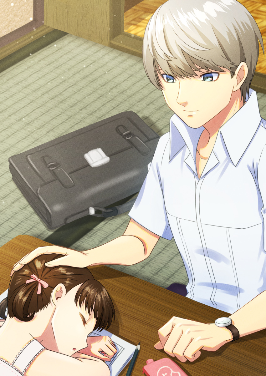 1boy, 1girl, absurdres, age_difference, brown_hair, cellphone, citronhsp, closed_eyes, closed_mouth, collarbone, collared_shirt, cousins, doujima_nanako, dress_shirt, grey_eyes, grey_hair, hanamura_yousuke, highres, indoors, looking_at_another, persona, persona_4, phone, school_uniform, shirt, short_hair, short_sleeves, short_twintails, sleeping, smartphone, smile, tatami, twintails, watch, watch, white_shirt, wing_collar