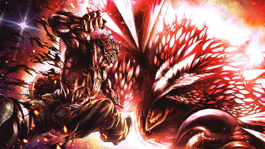 1boy, black_pants, black_shoes, blank_eyes, clenched_teeth, crossover, dragon, duel