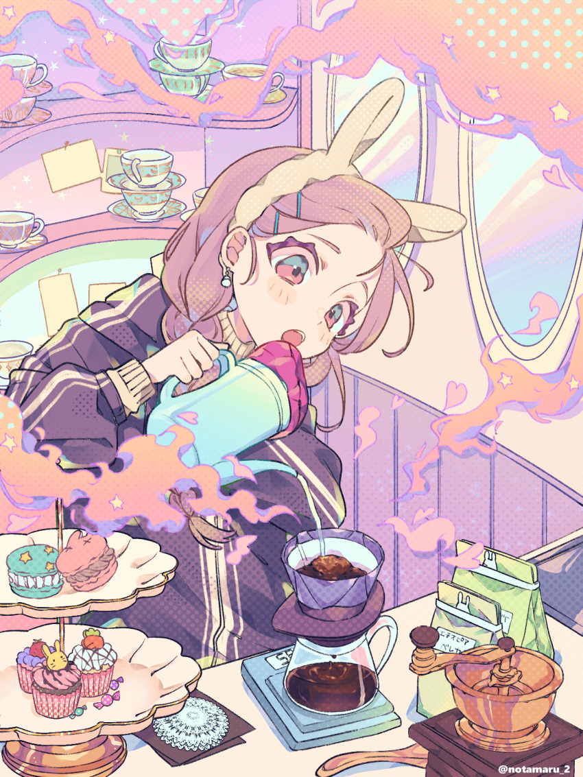 1girl, :o, animal_ear_hairband, animal_ears, black_jacket, blush, brown_hair, coffee