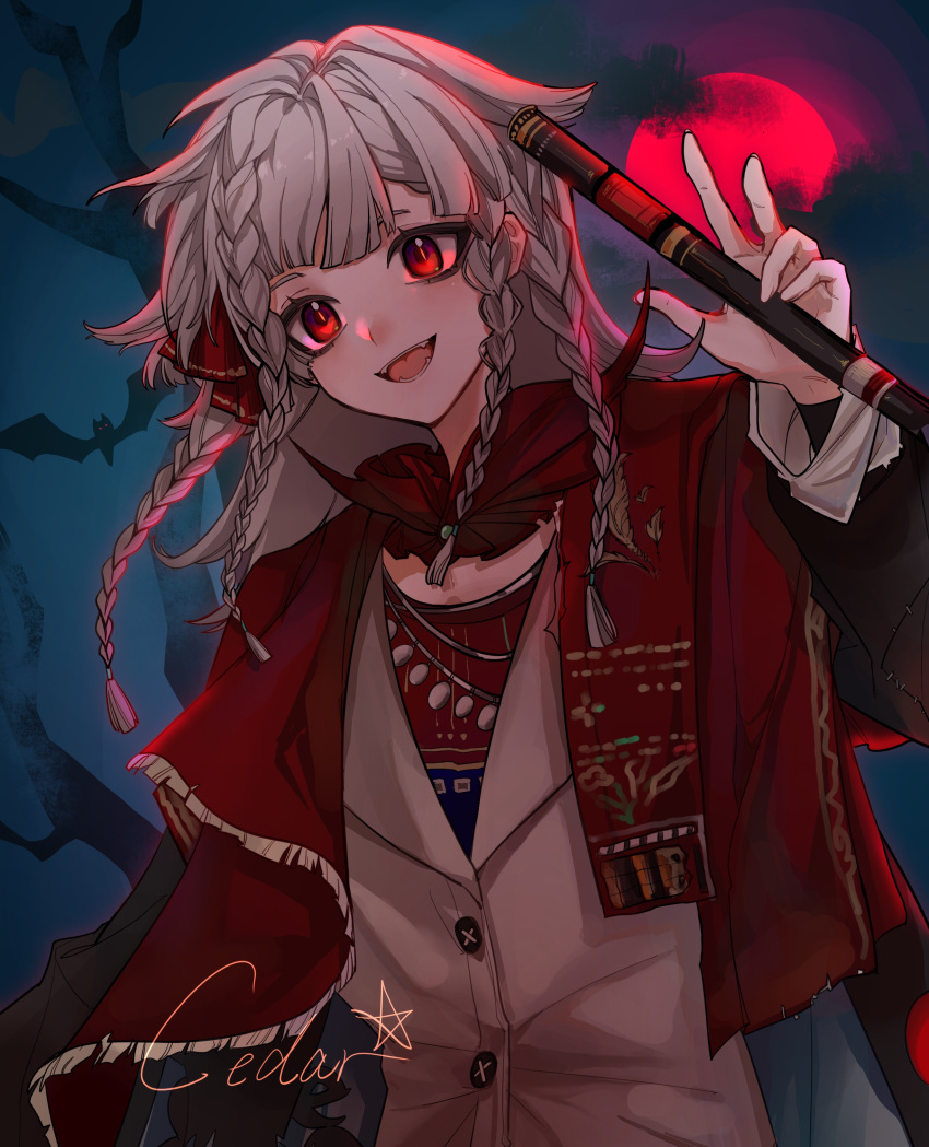 1girl, :d, absurdres, artist_name, bare_tree, bat_(animal), black_coat, braided_sidelocks