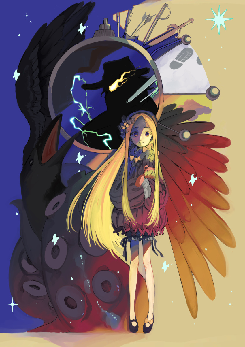1girl, abigail_williams_(fate), absurdres, bird, black_bow, black_shoes, blue_eyes, bow