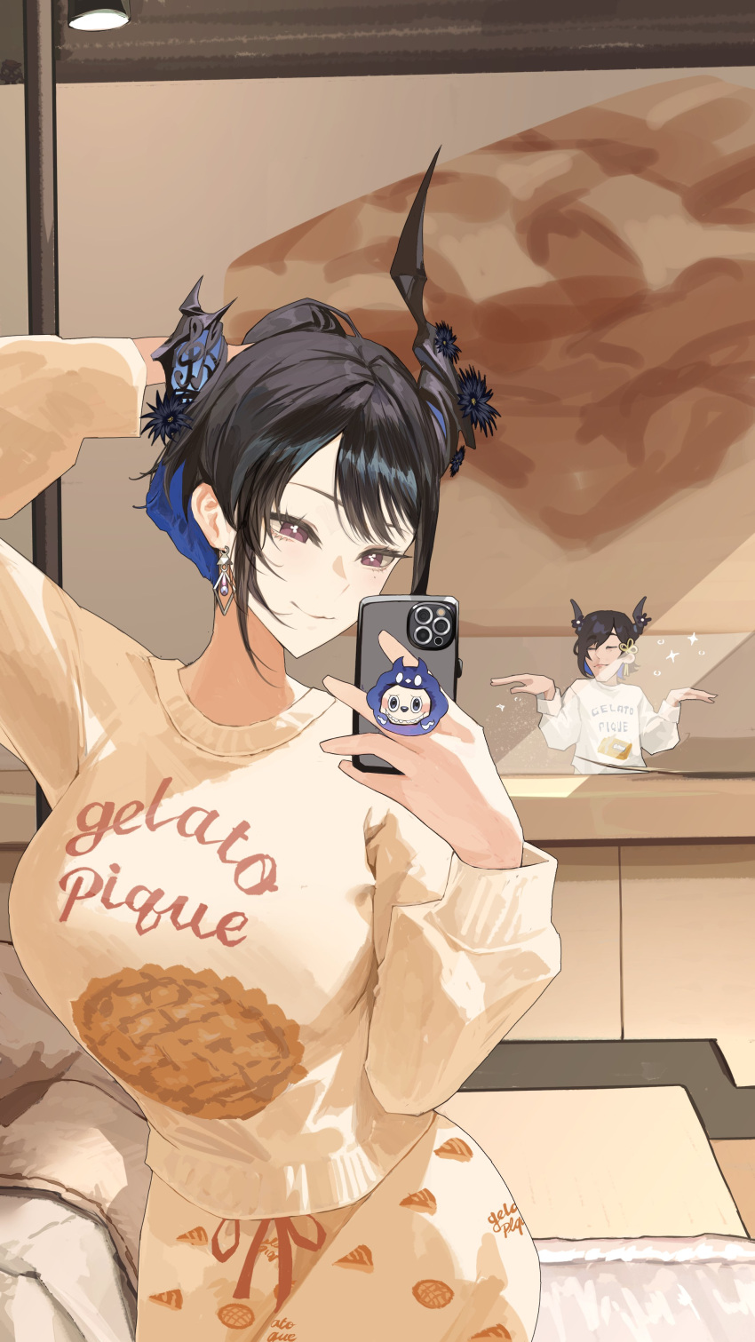 1boy, 1girl, absurdres, alternate_costume, arm_behind_head, asymmetrical_horns, black_hair, blue_hair