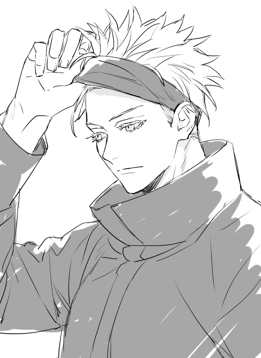 11mtri, 1boy, arm_up, blindfold, blindfold_lift, closed_mouth, collared_jacket, commentary_request, eyelashes, gojou_satoru, greyscale, jacket, jujutsu_kaisen, male_focus, monochrome, popped_collar, short_hair, short_sideburns, simple_background, sketch, solo, upper_body, white_background
