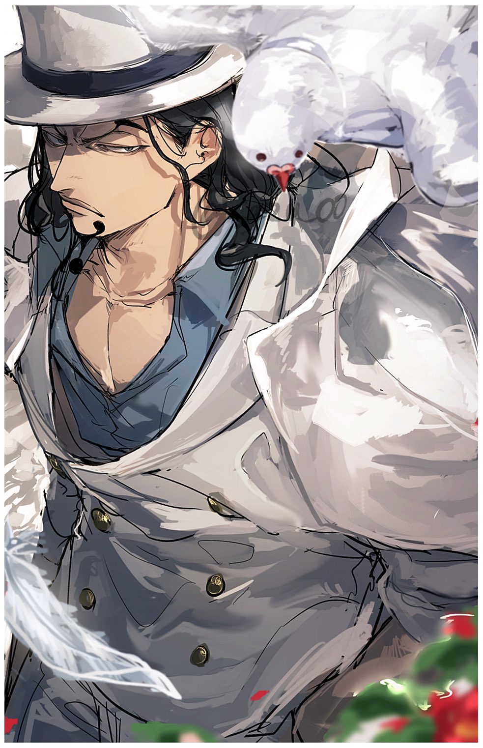 1boy, bird, black_hair, blue_shirt, closed_mouth, coat, coat_on_shoulders, commentary