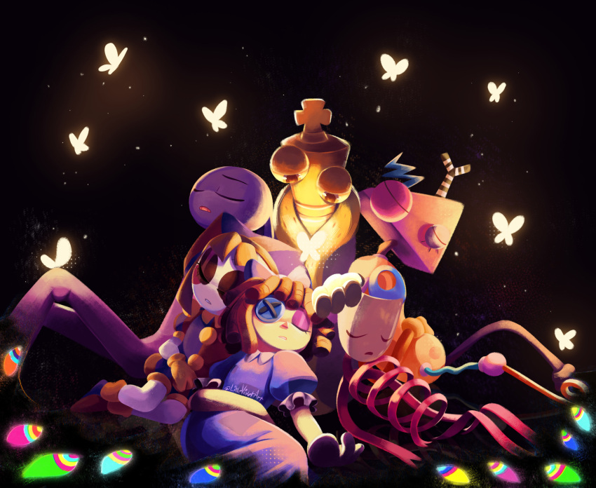 1other, 2boys, 3girls, abstraction_(the_amazing_digital_circus), blue_dress, bug, butterfly, button_eyes