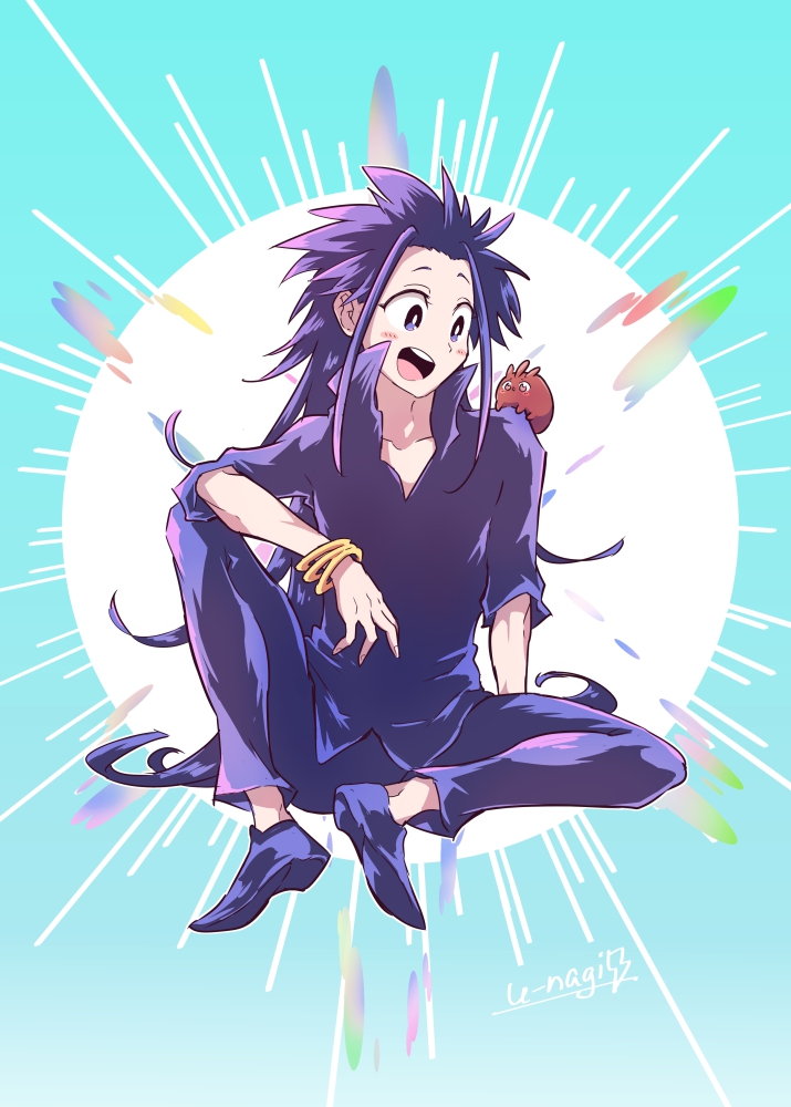 1boy, 1other, aqua_background, black_eyes, black_hair, black_pants, black_shirt, flashing, hatsu_nagi_den, jade_(dai_nana_oji), long_hair, looking_at_another, open_mouth, pants, shirt, shoes, signature, sitting, smile, tensei_shitara_dai_nana_oji_datta_no_de:_kimama_ni_majutsu_o_kiwamemasu, very_long_hair