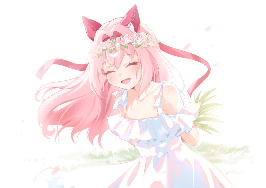 1girl, absurdres, animal_ears, dress, ear_covers, flower, gumae, haru_urara_(umamusume)