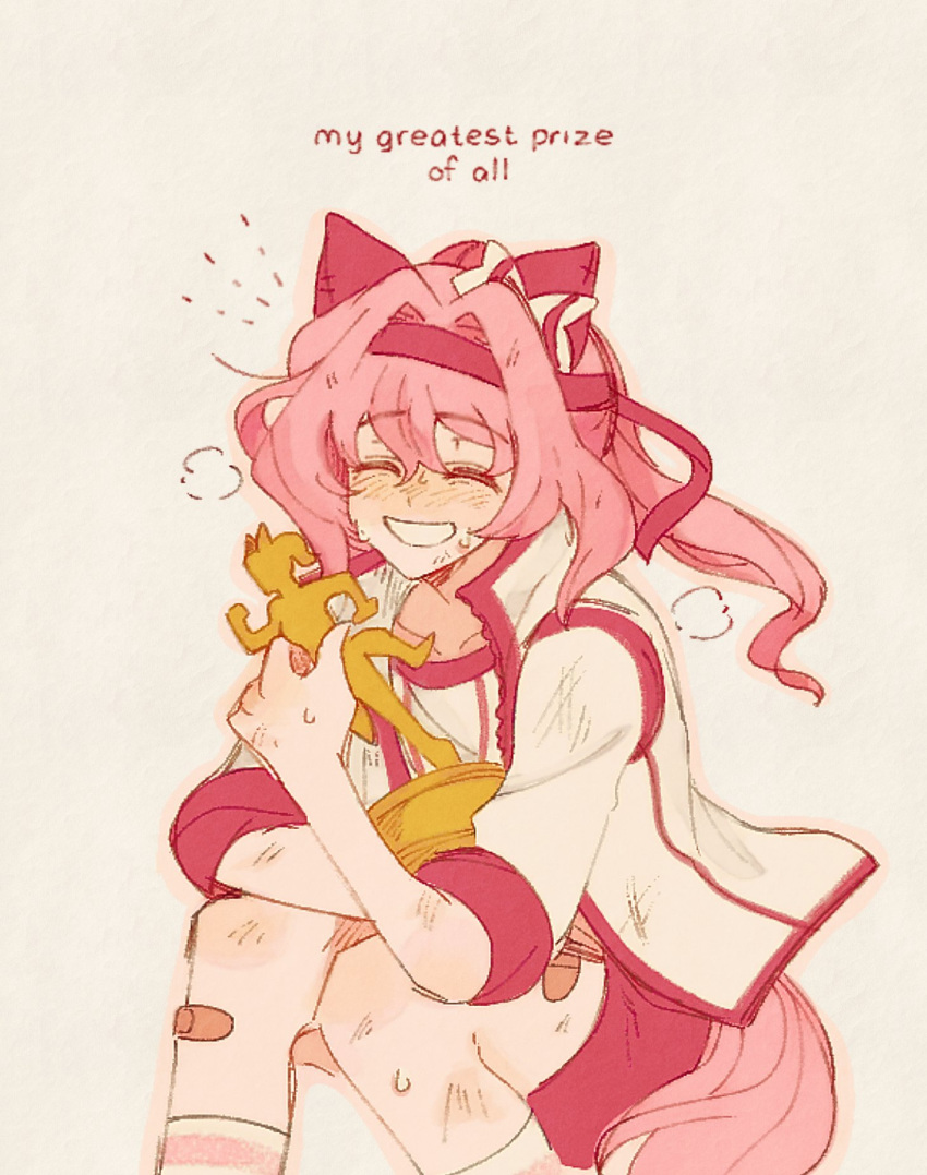 animal_ears, bandaid, bandaid_on_leg, closed_eyes, english_commentary, english_text, haru_urara_(umamusume), headband, highres, holding, holding_trophy, horse_ears, horse_girl, horse_tail, pink_hair, red_headband, skion, smile, tail, trophy, umamusume