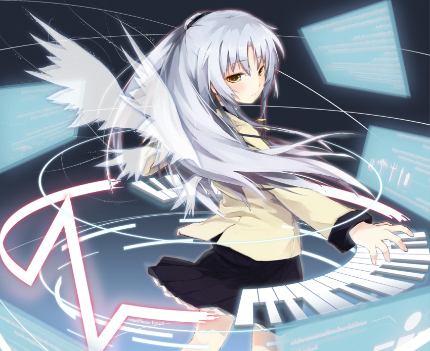 crost, floating_screen, from_behind, instrument, keyboard_(instrument), long_hair, looking_back, ponytail