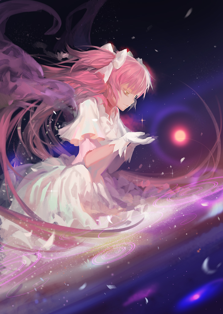 alphonse_(white_datura), alternate_costume, alternate_hairstyle, dress, feathers, gloves, goddess_madoka, kaname_madoka