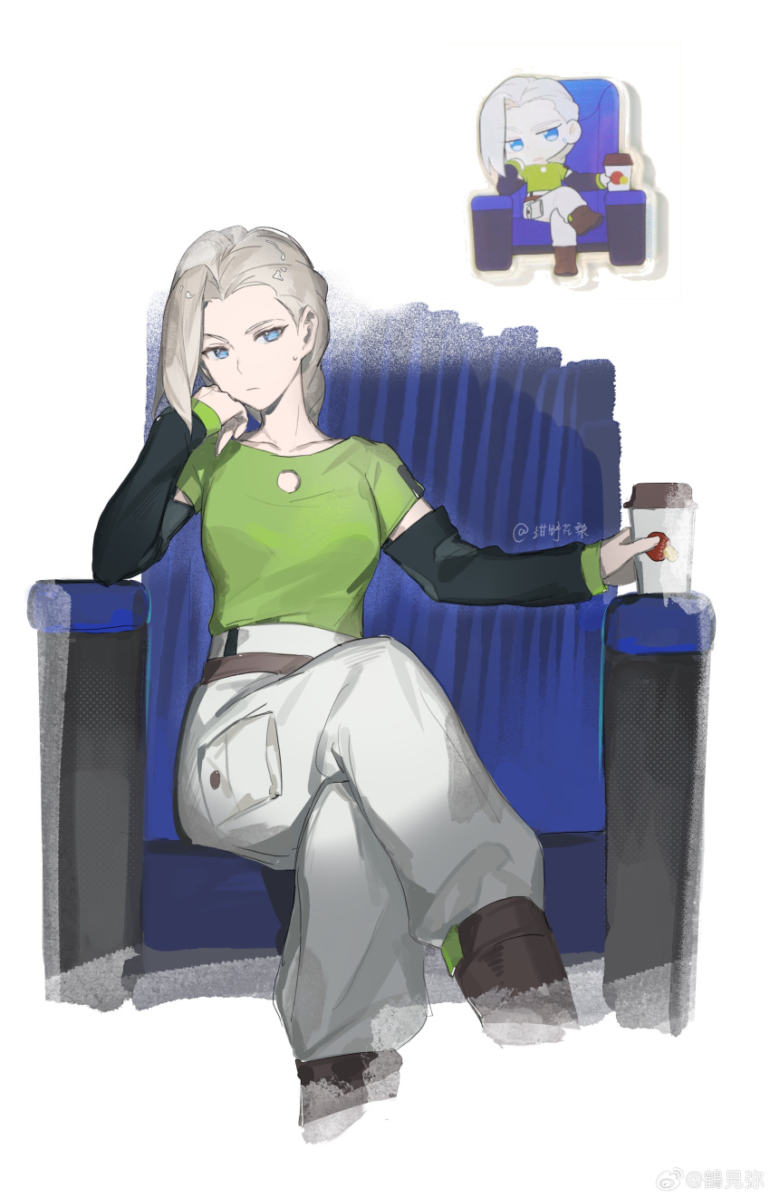 1girl, absurdres, blue_eyes, braid, braided_ponytail, chair, cup, green_shirt