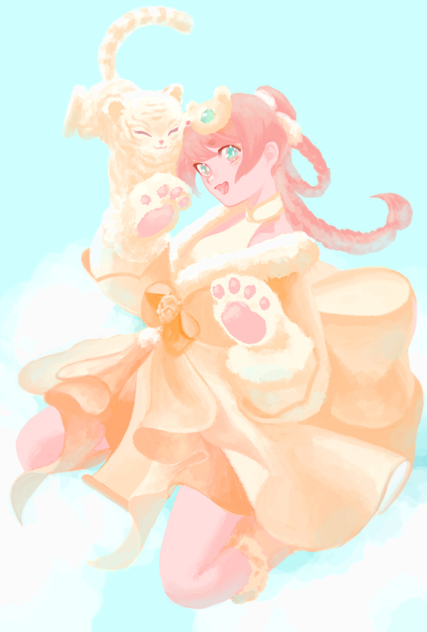 1_hcs, 1girl, animal_hands, aqua_eyes, baby_animal, blue_sky, boots, bow