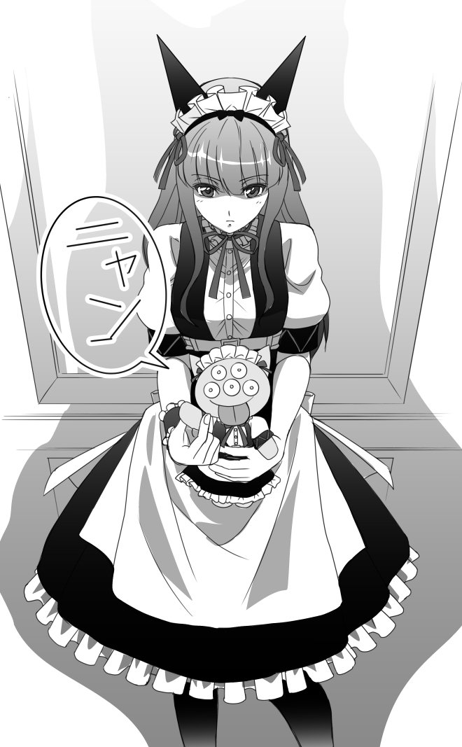 1girl, alternate_costume, animal_ear_hairband, animal_ears, annoyed, apron, belt_around_waist, black_pantyhose