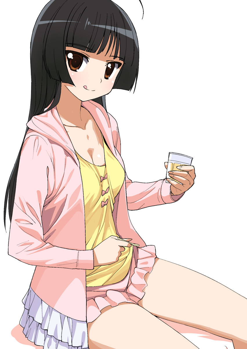 :q, a1, ahoge, black_hair, brown_eyes, casual, character_request, food