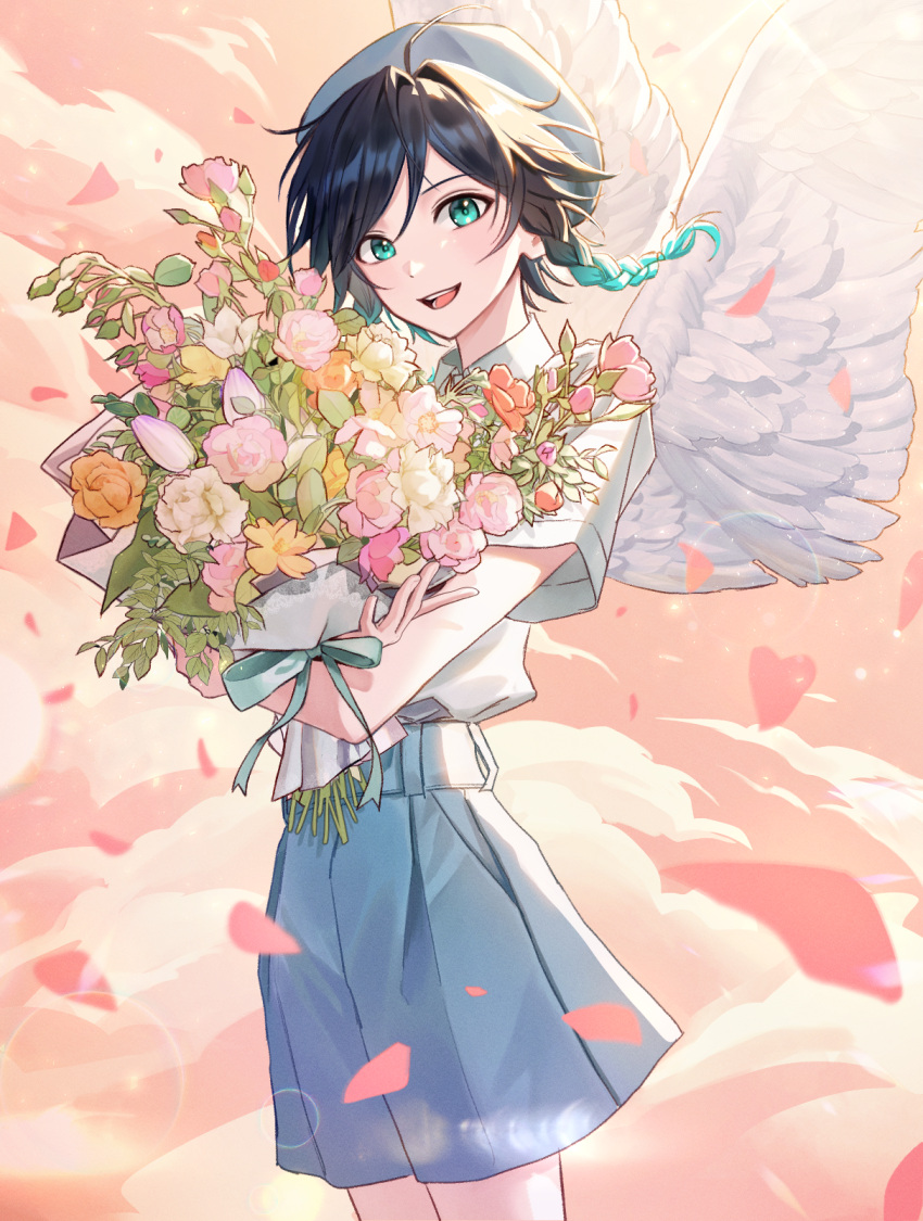 1boy, alternate_costume, aqua_eyes, aqua_hair, beret, black_hair, blue_shorts, bouquet