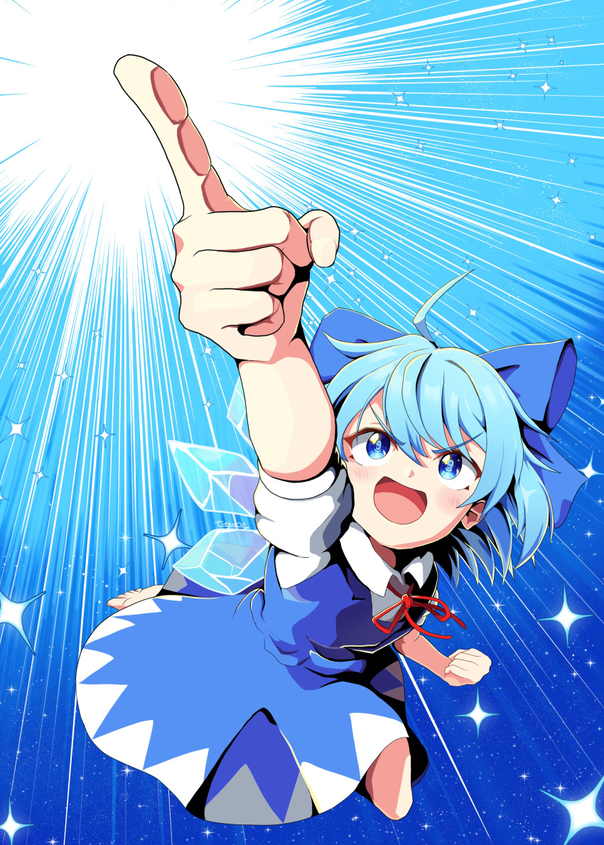 1girl, absurdres, barefoot, blue_bow, blue_dress, blue_eyes, blue_hair, bow