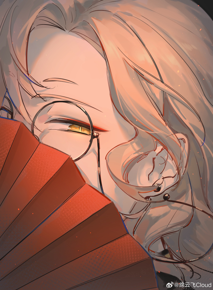 1boy, absurdres, brown_hair, covered_face, earrings, folding_fan, glasses, hand_fan