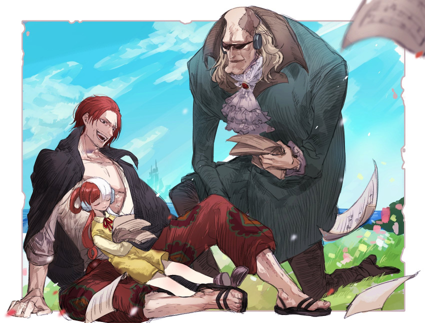 1girl, 2boys, aged_down, ascot, beard_stubble, black_cape, cape, closed_eyes