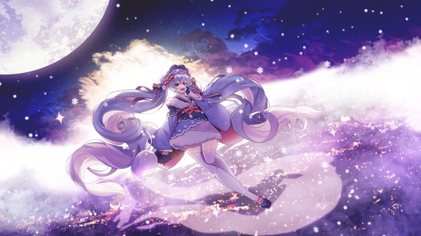1girl, absurdres, aqua_hair, black_sandals, blue_eyes, blue_gloves, bonnet, bow, esanano, full_body, fur-trimmed_kimono, fur-trimmed_sleeves, fur_trim, gloves, gradient_hair, hair_between_eyes, hair_bow, hair_ornament, hand_on_own_cheek, hand_on_own_face, hatsune_miku, highres, japanese_clothes, kimono, long_hair, long_sleeves, looking_at_viewer, moon, multicolored_hair, official_alternate_costume, official_alternate_hairstyle, open_mouth, outdoors, pink_hair, pink_kimono, pink_thighhighs, pom_pom_(clothes), sandals, smile, snowflakes, thigh-highs, twintails, very_long_hair, vocaloid, wide_sleeves, yuki_miku, yuki_miku_(2023)