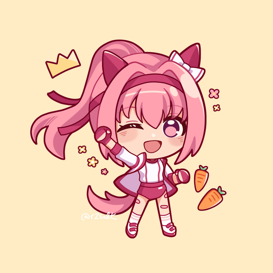 1girl, animal_ears, bandaid, bandaid_on_leg, blush, bow, buruma, carrot, crown, ear_bow, ear_covers, fingerless_gloves, flower, gloves, hairband, haru_urara_(bestest_prize)_(umamusume), haru_urara_(umamusume), headband, horse_ears, horse_girl, horse_tail, jacket, long_hair, looking_at_viewer, one_eye_closed, open_mouth, pink_buruma, pink_eyes, pink_hair, pink_headband, ponytail, r2salt, red_buruma, red_gloves, red_headband, shirt, simple_background, smile, socks, solo, striped_clothes, striped_socks, tail, umamusume, violet_eyes, white_jacket, white_shirt