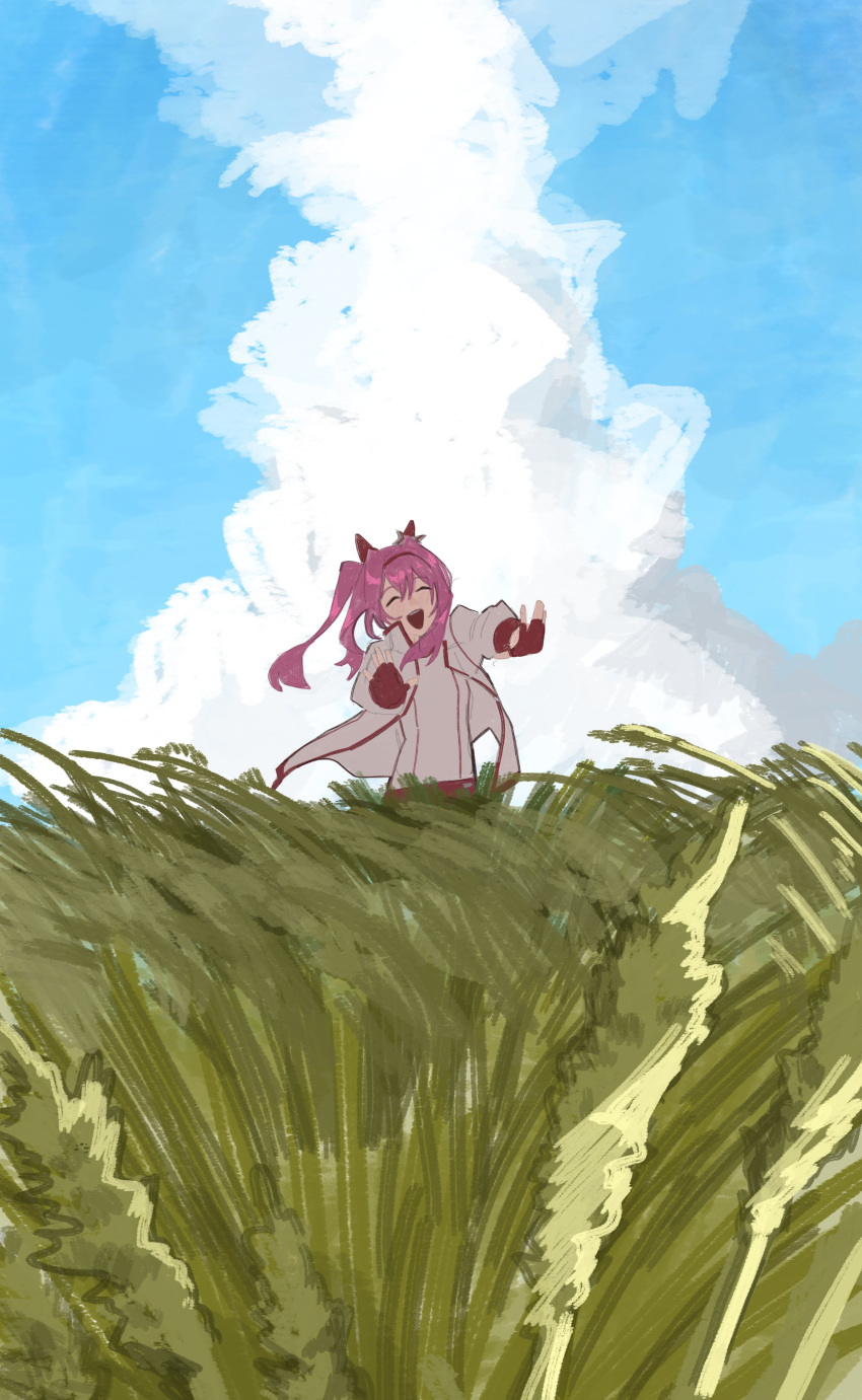 1girl, absurdres, animal_ears, blue_sky, bow, buruma, closed_eyes, clouds