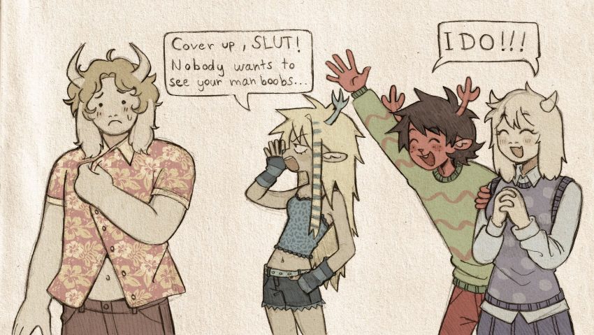 !, !!, 2boys, 2girls, :d, ^_^, animal_ears, antlers