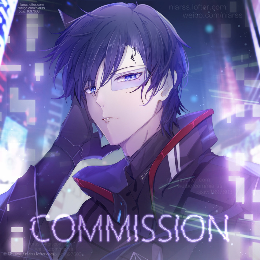 1boy, black_jacket, black_shirt, blue_hair, blurry, blurry_background, building, chinese_commentary