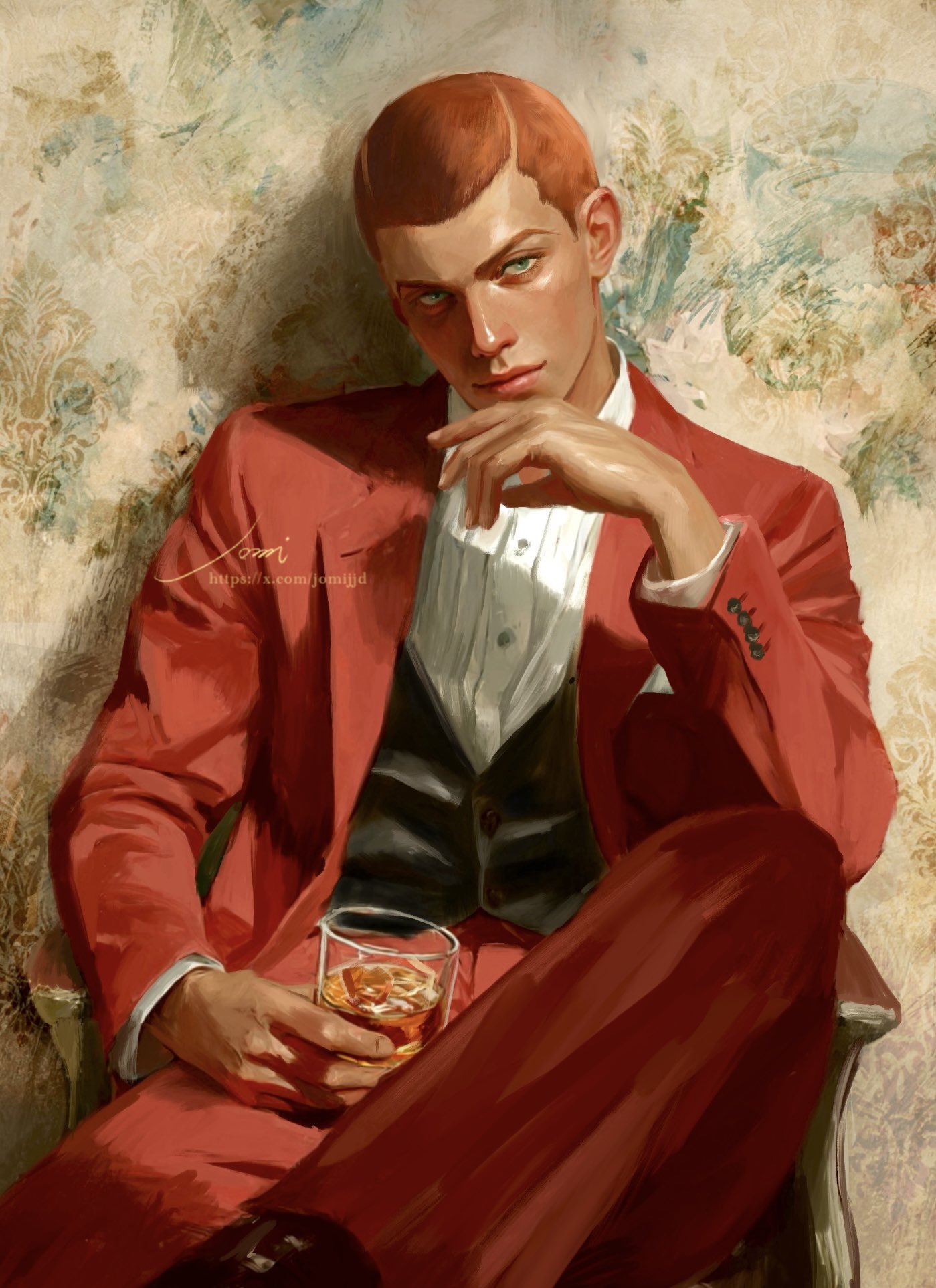 1boy, alcohol, alternate_costume, black_vest, brown_hair, buzz_cut, chair, closed_mouth