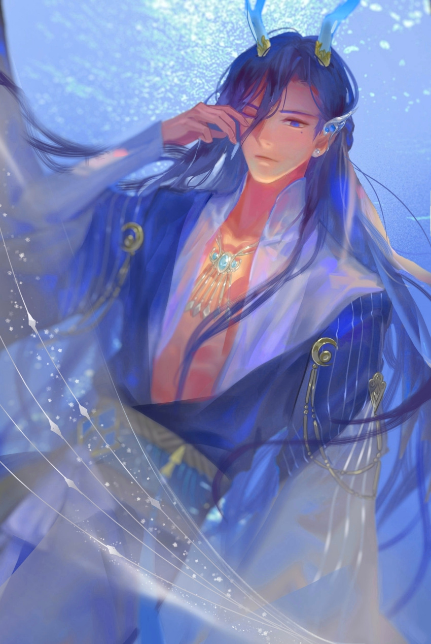 1boy, ;|, absurdres, blue_eyes, blue_gemstone, blue_hair, blue_hanfu, blue_horns