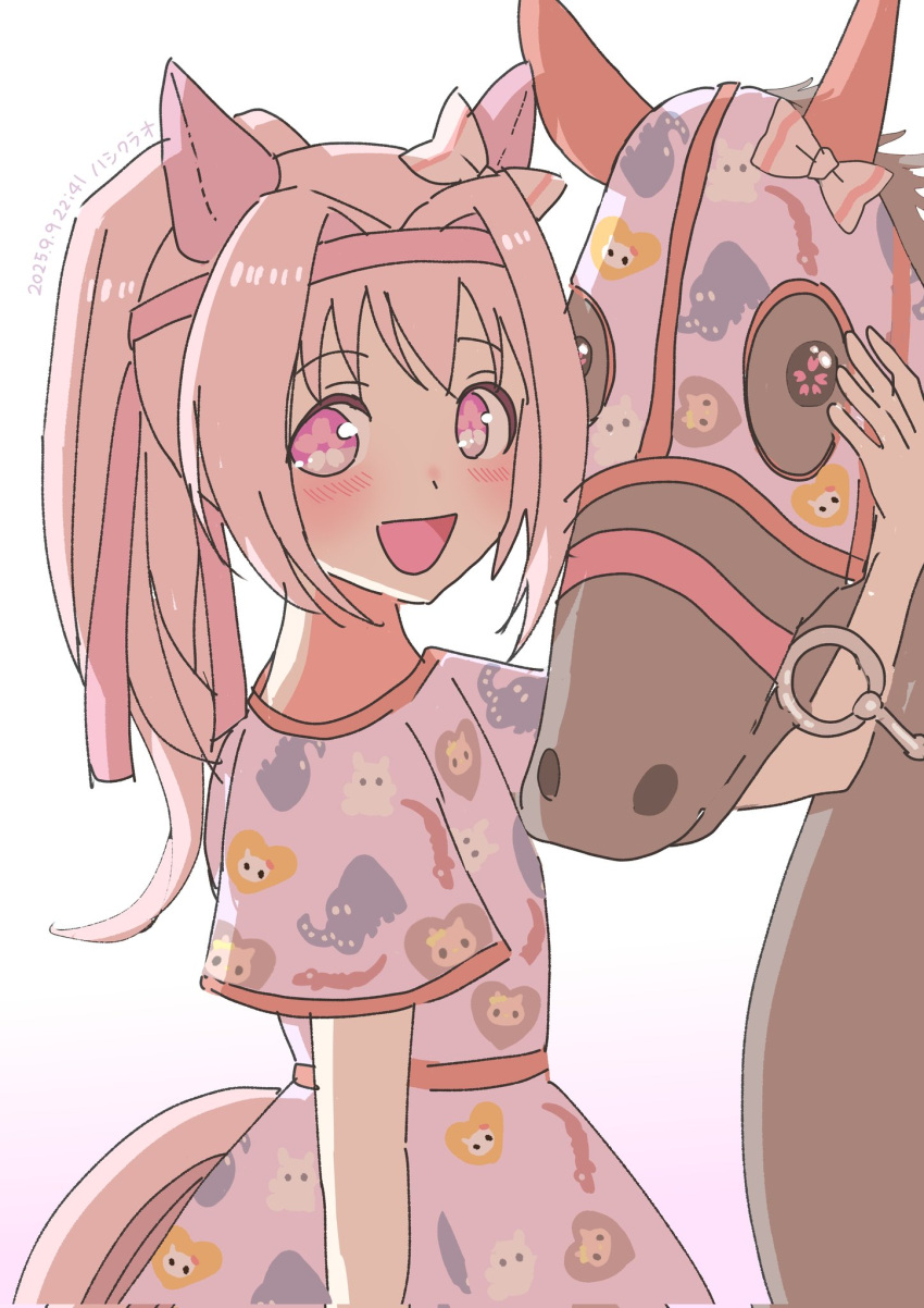 1girl, animal_ears, blush, bow, brown_horse, closed_mouth, creature_and_personification, dress