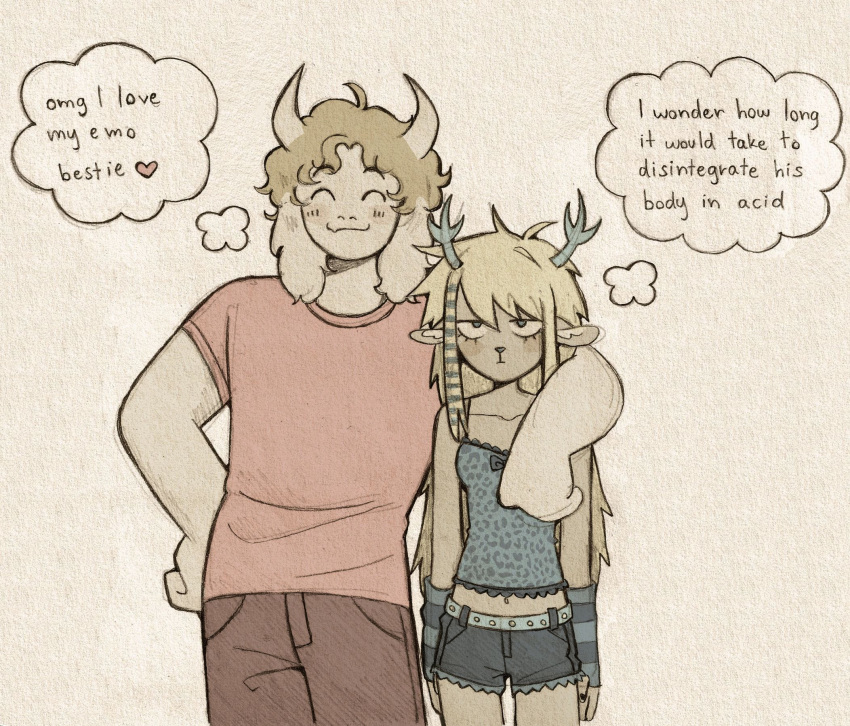1boy, 1girl, ^_^, aged_down, ahoge, animal_ears, antlers, arm_around_shoulder, arm_warmers, asgore_dreemurr, bare_shoulders, blonde_hair, blue_bow, blue_eyes, blue_shirt, blue_shorts, blue_streaks, blush_stickers, bow, breasts, brown_hair, brown_pants, carol_holiday, closed_eyes, colored_pencil_(medium), commentary, deer_antlers, deer_ears, deer_girl, deltarune, denim, denim_shorts, english_commentary, english_text, fang, frown, furry, furry_female, furry_male, goat_boy, goat_ears, goat_horns, graphite_(medium), heart, highres, horns, long_hair, midriff, multicolored_hair, navel, pants, shirt, short_hair, shorts, sleeveless, sleeveless_shirt, small_breasts, smile, speech_bubble, streaked_hair, striped_arm_warmers, szivarvanyturmix02, thought_bubble, traditional_media, two-tone_hair, utdr_(toby_fox), white_fur
